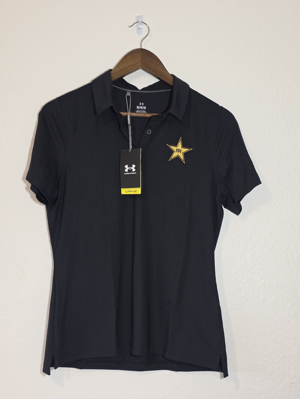 Under Armour Rockstar Energy Polo Shirt Womens Medium Black Golf Short Sleeve Ne